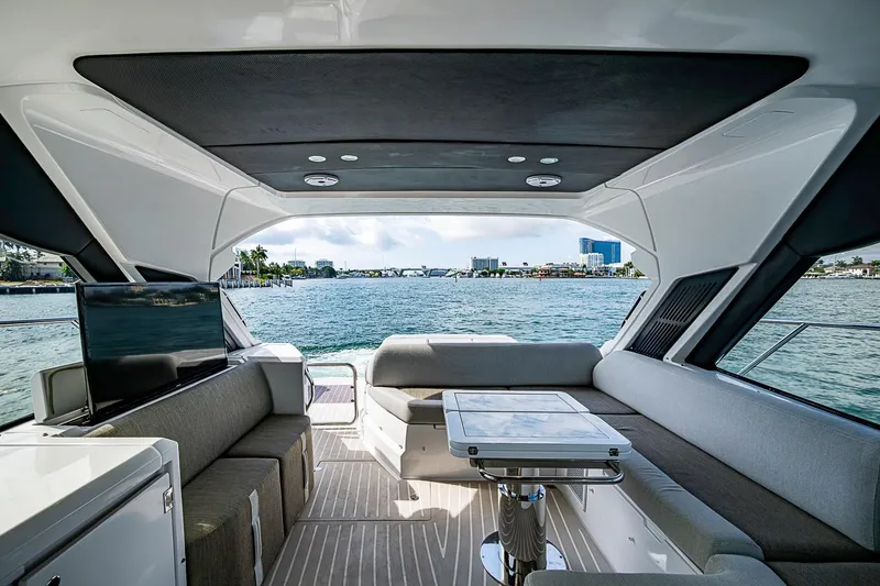 Slide: The Image of Luxurious interior of 2019 Azimut Atlantis 51 yacht with waterfront view. - 24