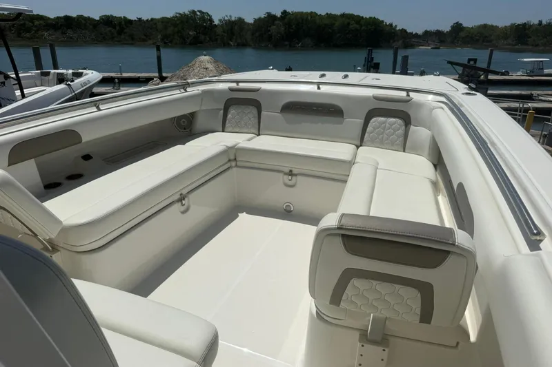 Slide: The Image of 2020 World Cat 280 CC-X boat interior with spacious seating and elegant design. - 18