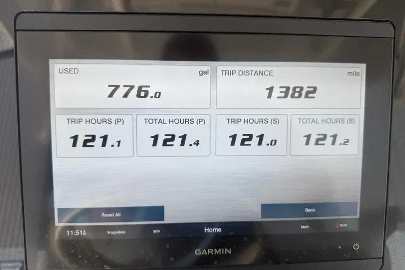 Slide: The Image of Garmin display showing fuel usage, trip distance, and hours for 2020 World Cat 280 CC-X. - 23