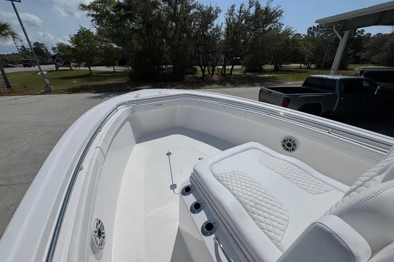 Slide: The Image of 2026 Caymas 291 boat with white seating and sleek design in outdoor setting. - 19