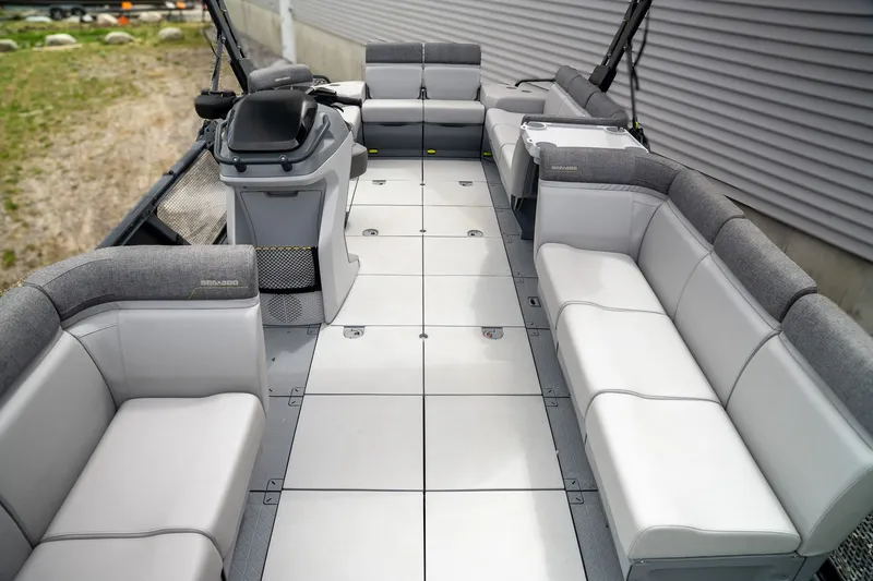 Slide: The Image of Interior of 2024 Sea-Doo Switch Cruise with gray seating. - 6