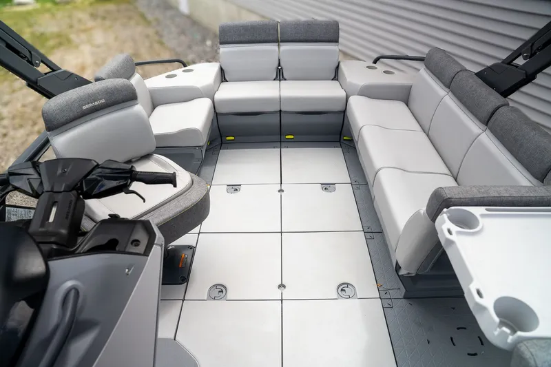 Slide: The Image of Interior of 2024 Sea-Doo Switch Cruise with gray seating. - 8