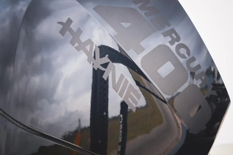 Slide: The Image of Close-up of a 2025 Haynie 24 High Output boat engine with Mercury 400 branding. - 51