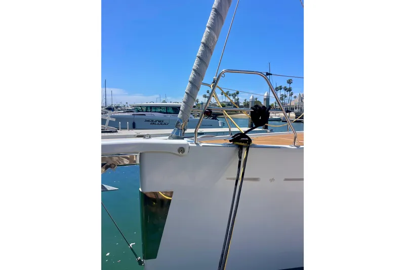 Slide: The Image of Grand Soleil 43F yacht bow, docked in marina, clear blue sky, 2014 model. - 5