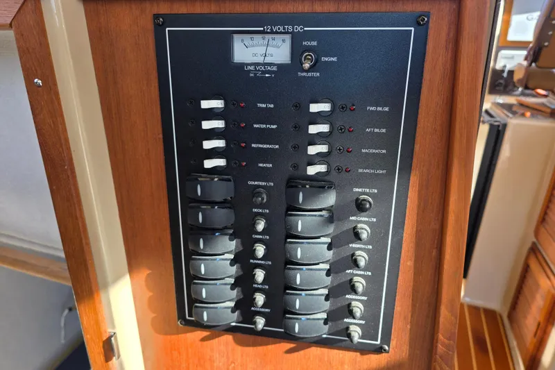 Slide: The Image of Electrical control panel on 2020 Ranger Tugs R-31 CB boat, featuring various switches and indicators. - 26