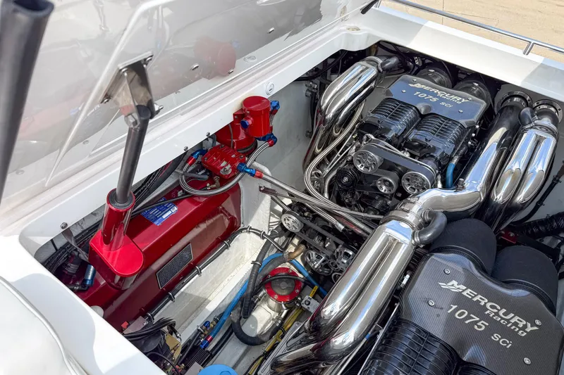 Slide: The Image of Engine compartment of a 2007 Fountain 42 Lightning with Mercury Racing 1075 Sci engine. - 27