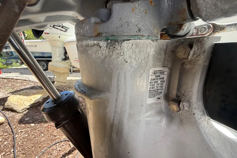 Slide: The Image of Close-up of a 2007 Boston Whaler 270 Outrage engine component with serial number label. - 41