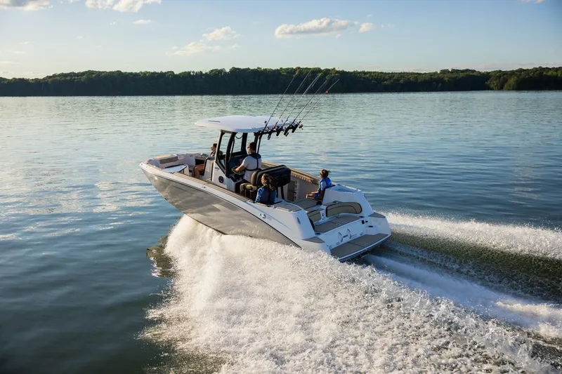 Slide: The Image of 2026 Yamaha Boats 255 FSH Sport E cruising on a serene lake. - 18
