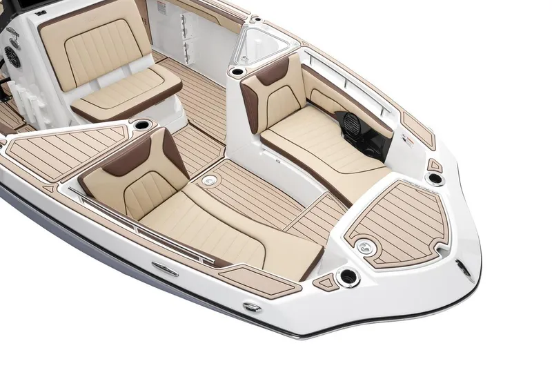 Slide: The Image of 2026 Yamaha Boats 255 FSH Sport E interior with beige seating and sleek design. - 4