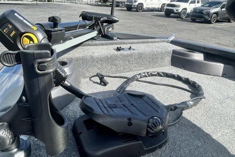 Slide: The Image of 2022 Tracker Pro Team 175 TF boat deck with trolling motor and foot pedal. - 8