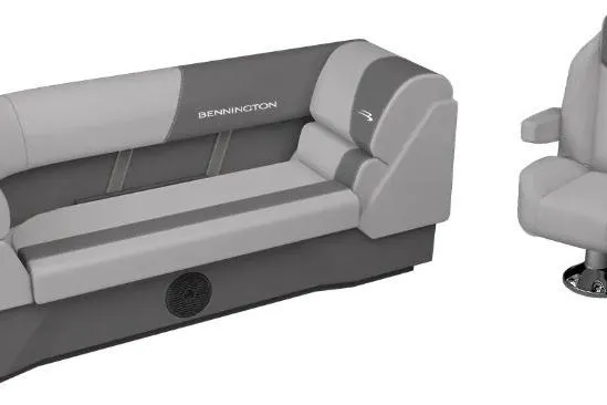 Slide: The Image of 2026 Bennington S 20 SSR boat seating, featuring sleek gray upholstery and modern design. - 3