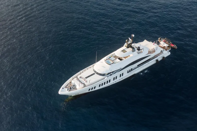 Slide: The Image of Aerial view of 2016 Alia Yachts 60M luxury yacht cruising on open water. - 24
