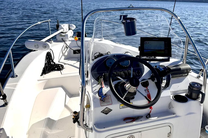 Slide: The Image of 2005 Boston Whaler DAUNTLESS 180 boat dashboard with steering wheel and navigation equipment. - 3