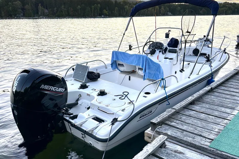 Slide: The Image of 2005 Boston Whaler DAUNTLESS 180 boat docked on a serene lake. - 5