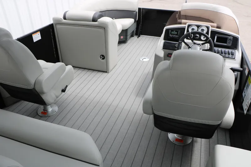 Slide: The Image of Interior of 2026 Sylvan Mirage Cruise 8520 CLZ DH pontoon boat with modern seating and controls. - 23