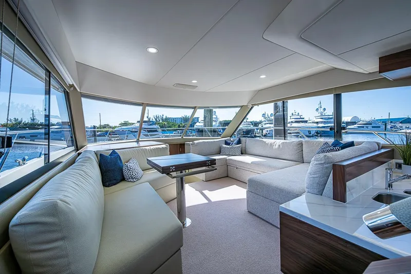 Slide: The Image of Luxurious interior of 2026 Maritimo M50 yacht with spacious seating and panoramic windows. - 31