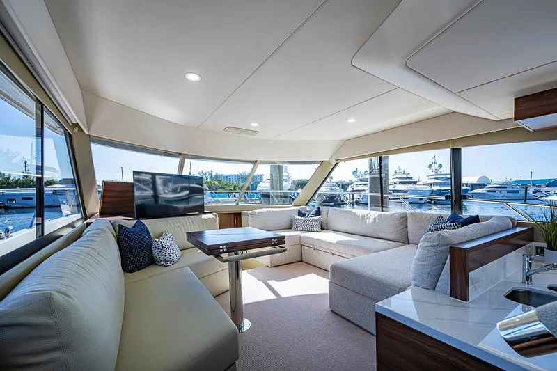Slide: The Image of Luxurious interior of 2026 Maritimo M50 yacht with spacious seating and waterfront view. - 33