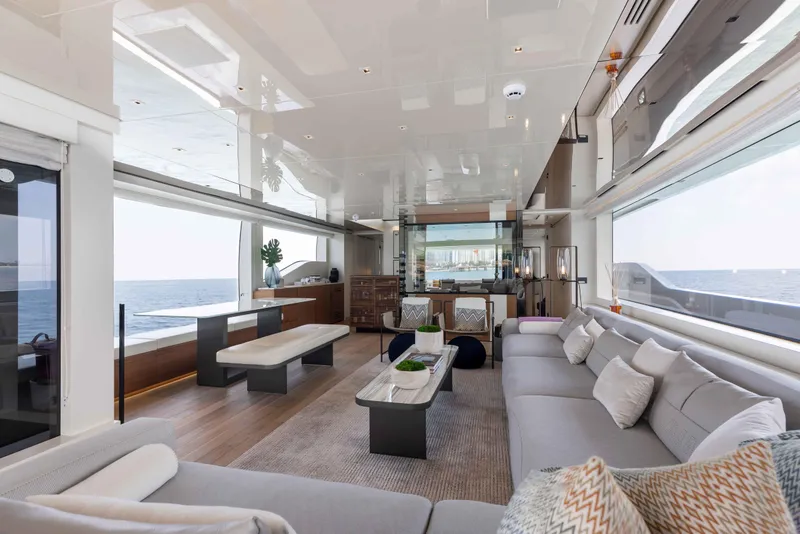 Slide: The Image of Luxurious interior of 2024 Sanlorenzo SL90A yacht with ocean view and modern furnishings. - 28