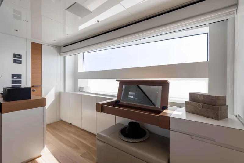 Slide: The Image of Luxurious interior of 2024 Sanlorenzo SL90A yacht with modern design and large window. - 39