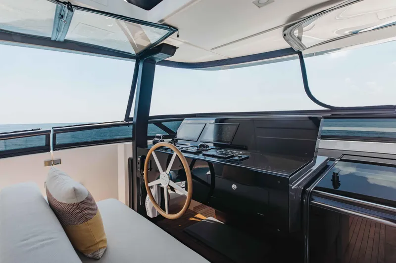 Slide: The Image of Helm of 2024 Sanlorenzo SL90A yacht with modern controls and ocean view. - 79