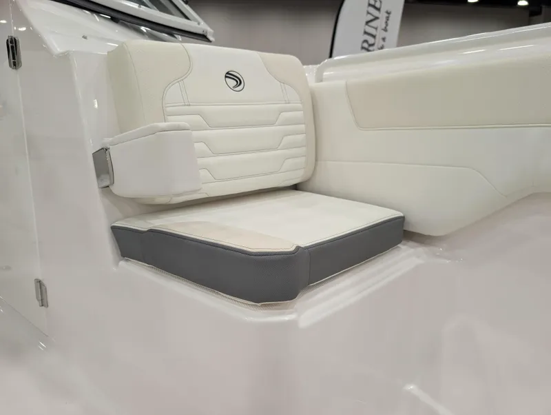 Slide: The Image of 2025 Edgewater 262 CX boat seat, featuring white and gray cushioned design. - 43