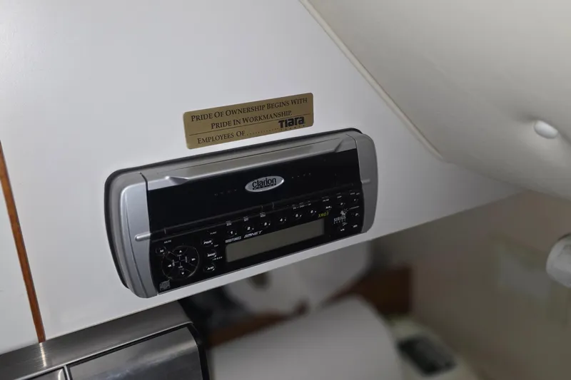 Slide: The Image of Clarion stereo system in 2005 Tiara 290 Coronet boat interior. - 19