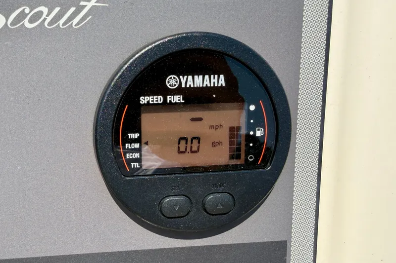 Slide: The Image of Yamaha speed and fuel gauge on 2017 Scout 175 Sportfish boat dashboard. - 16