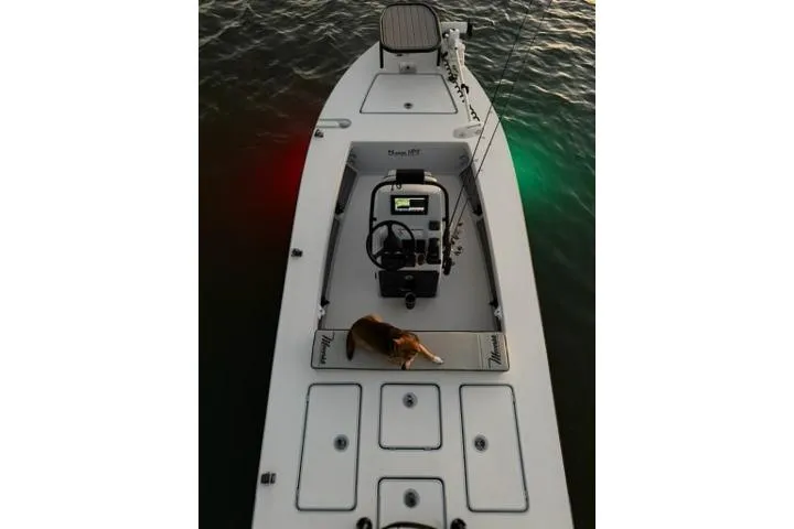 Slide: The Image of 2020 Maverick Mirage 17 HPX-V boat on water, featuring a dog on deck. - 8