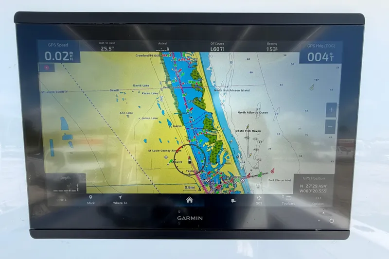 Slide: The Image of Garmin GPS display on 2023 Contender 28 Tournament boat showing navigation map. - 33