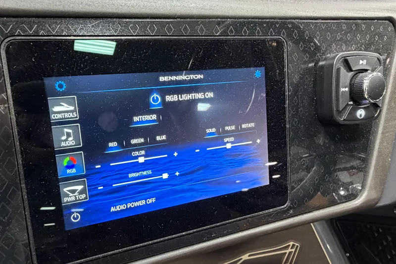 Slide: The Image of Touchscreen control panel in a 2025 Bennington M Quad Bench 24 MFB, displaying RGB lighting settings. - 10