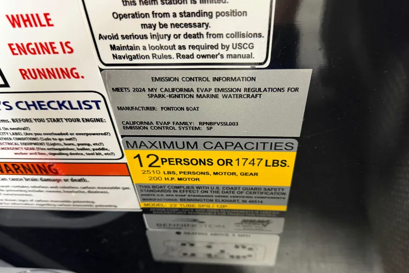 Slide: The Image of Bennington M Quad Bench 24 MFB 2025 capacity label: 12 persons or 1747 lbs, 200 HP motor. - 27