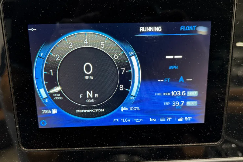 Slide: The Image of Digital dashboard of 2025 Bennington M Quad Bench 24 MFB, displaying RPM and fuel usage. - 9