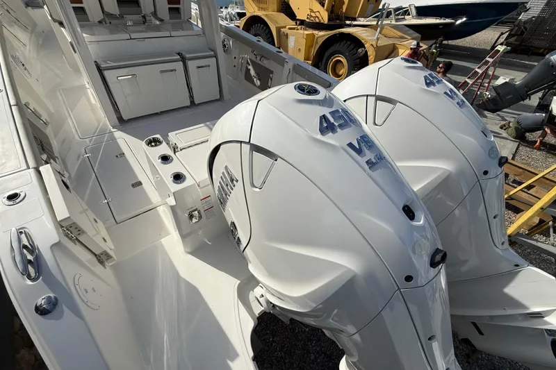 Slide: The Image of 2026 Pursuit S 358 Sport boat with dual Yamaha 450 V8 engines. - 3