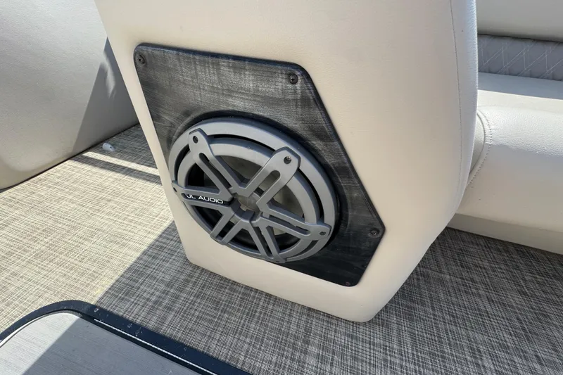 Slide: The Image of Speaker system on 2019 Harris Solstice 220 boat, featuring JL Audio, beige interior. - 13