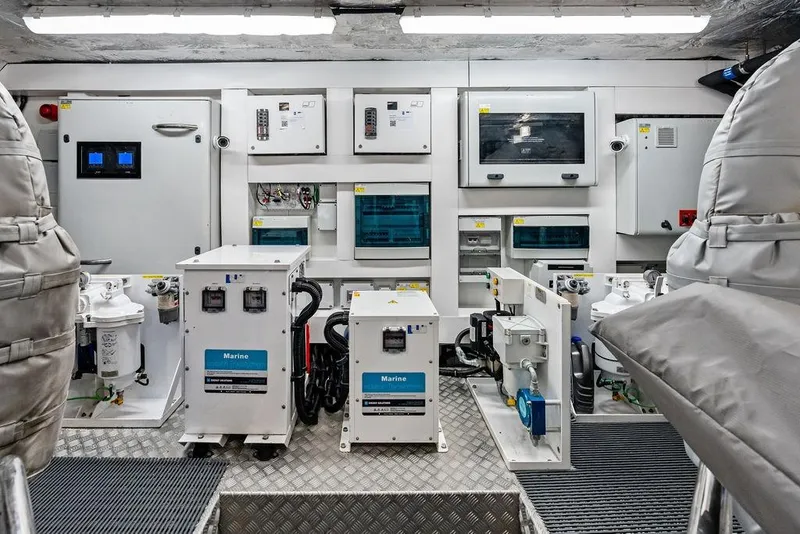 Slide: The Image of Engine room of 2026 Sunseeker 88 Yacht, featuring advanced marine equipment and control panels. - 105