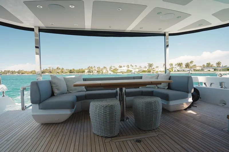 Slide: The Image of Luxurious Sunseeker 88 Yacht 2026 deck with elegant seating and ocean view. - 42