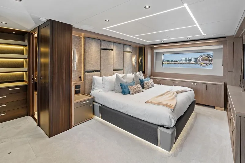 Slide: The Image of Luxurious bedroom interior of 2026 Sunseeker 88 Yacht, featuring modern design and elegant furnishings. - 60