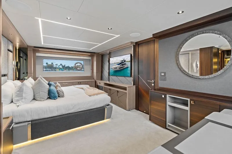 Slide: The Image of Luxurious Sunseeker 88 Yacht 2026 bedroom with modern decor and ocean view. - 61