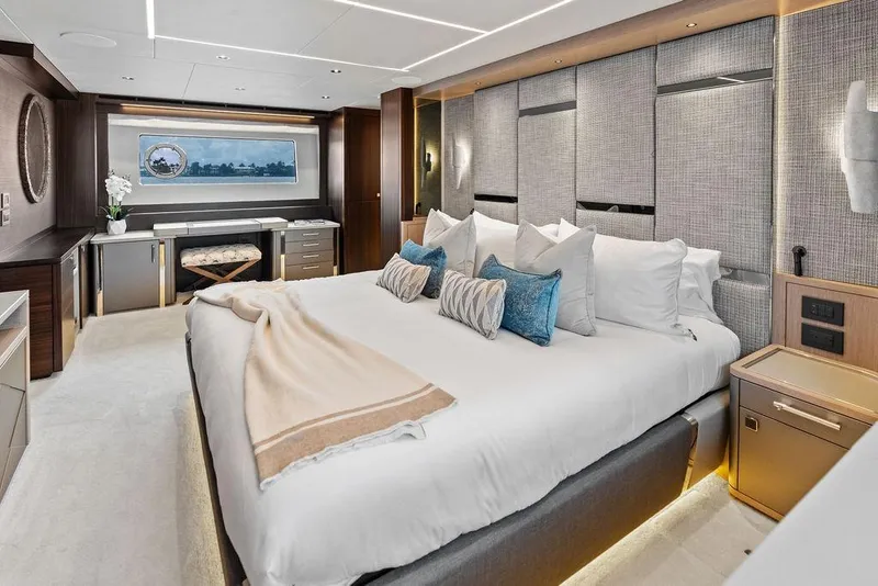 Slide: The Image of Luxurious bedroom interior of 2026 Sunseeker 88 Yacht with elegant decor and modern amenities. - 62