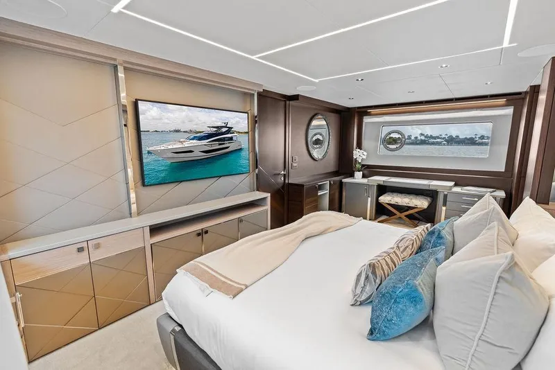 Slide: The Image of Luxurious bedroom interior of 2026 Sunseeker 88 Yacht with elegant decor and ocean view. - 63
