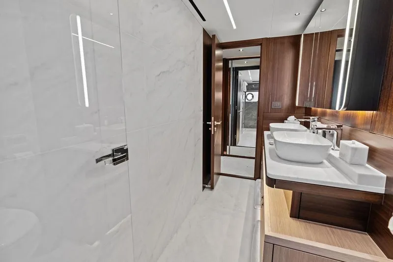 Slide: The Image of Luxurious bathroom interior of 2026 Sunseeker 88 Yacht with modern fixtures and elegant design. - 72