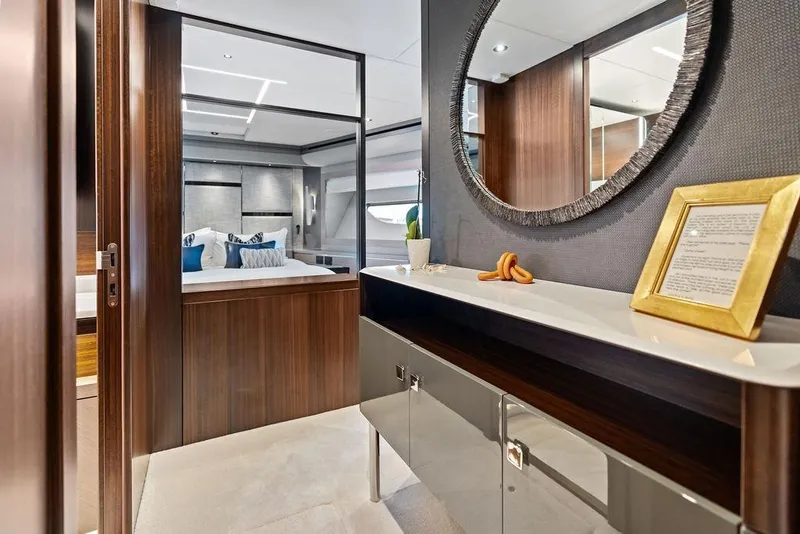 Slide: The Image of Luxurious interior of 2026 Sunseeker 88 Yacht featuring elegant bedroom and modern decor. - 77