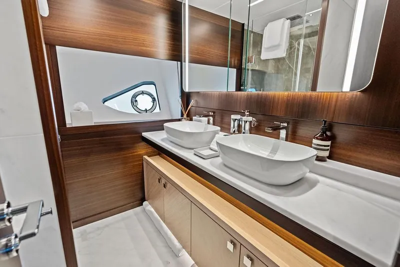 Slide: The Image of Luxurious bathroom interior of 2026 Sunseeker 88 Yacht with dual sinks and modern design. - 80