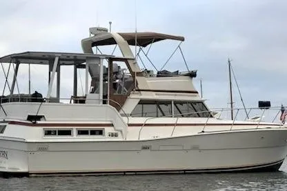 Slide: The Image of 1980 Viking 43 Convertible yacht illuminated at night on calm waters. - 5