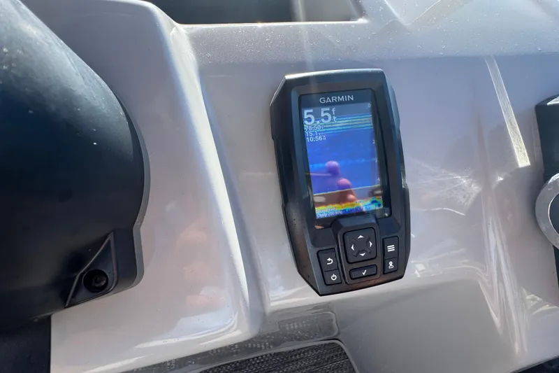 Slide: The Image of Garmin fishfinder on 2023 Bennington 188 SVF boat dashboard, displaying depth and sonar data. - 6