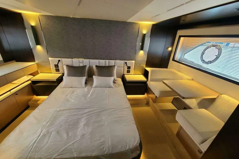 Slide: The Image of Luxurious bedroom interior of 2023 Sunseeker Manhattan 68 yacht with modern furnishings. - 21