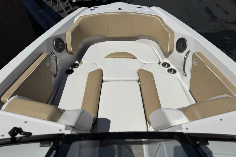 Slide: The Image of 2017 Scarab 255 H.O. Platinum boat interior with beige and white seating. - 14