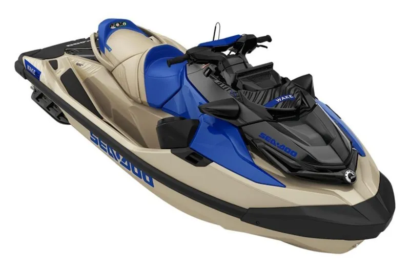 Slide: The Image of 2025 Sea-Doo Wake Pro 230 jet ski in beige and blue, showcasing sleek design. - 19