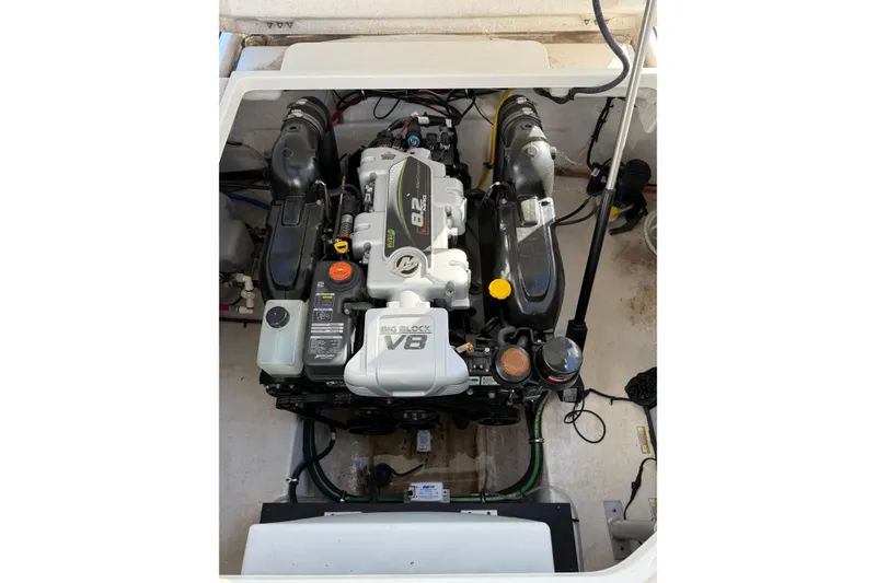 Slide: The Image of Engine compartment of a 2021 Monterey 295 Sport Yacht with a V8 engine. - 25