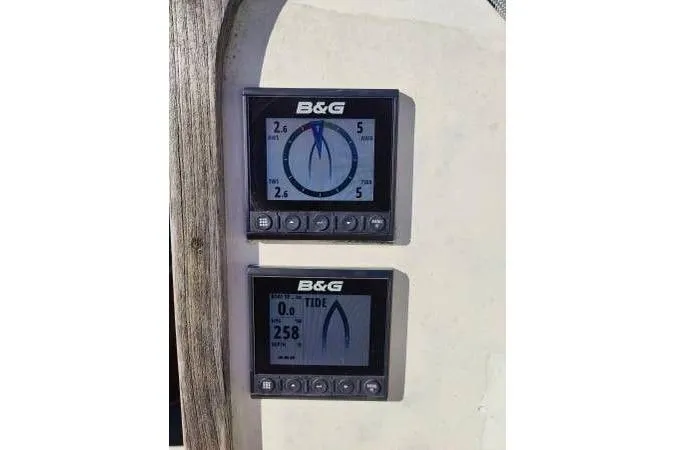 Slide: The Image of B&G navigation instruments on 1983 Cape Bay Fast 40 sailboat dashboard. - 12
